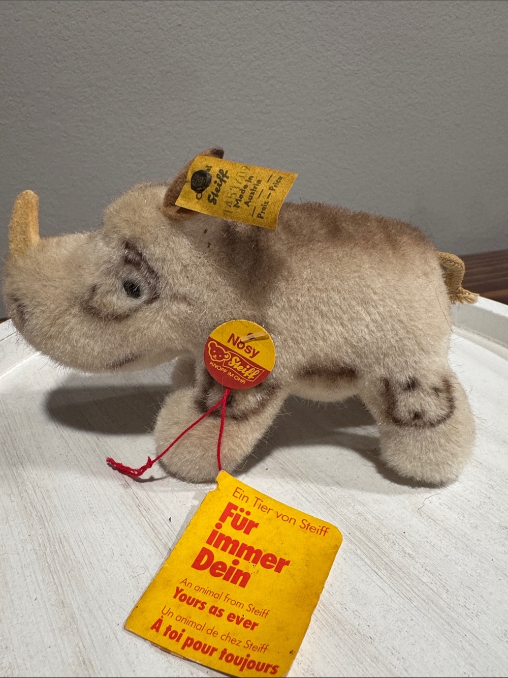 Vintage Steiff “Nosy” Plush Rhinoceros in Beige with Brown Accents - 1451/09